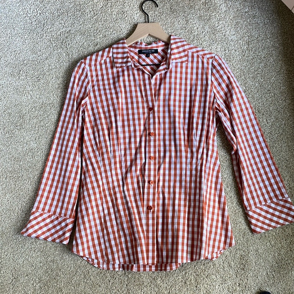 Lafayette 148 Orange Check Long Sleeve Stretch Cotton Slim Shirt Sz. 4